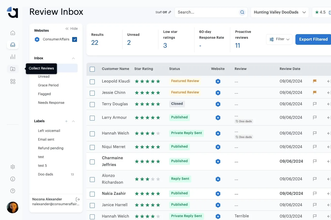 The Aspect Review Inbox, with Collect Reviews highlighted in the left-hand menu