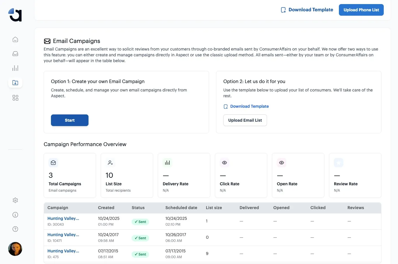 The Email Campaigns section of Collect Reviews, with the Start button under Option 1: Create your own Email Campaign