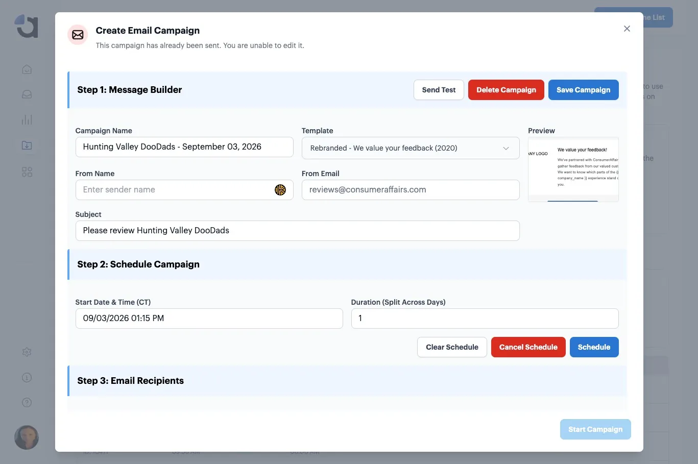 The Create Email Campaign dialog, with the From Name field highlighted