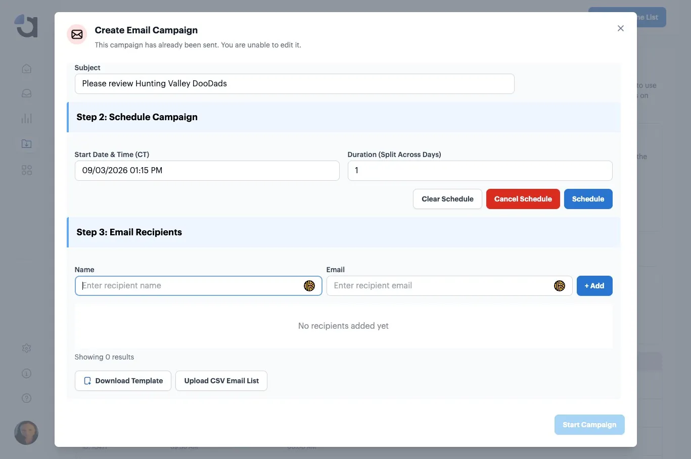 The Email Recipients section, with the recipient email field highlighted