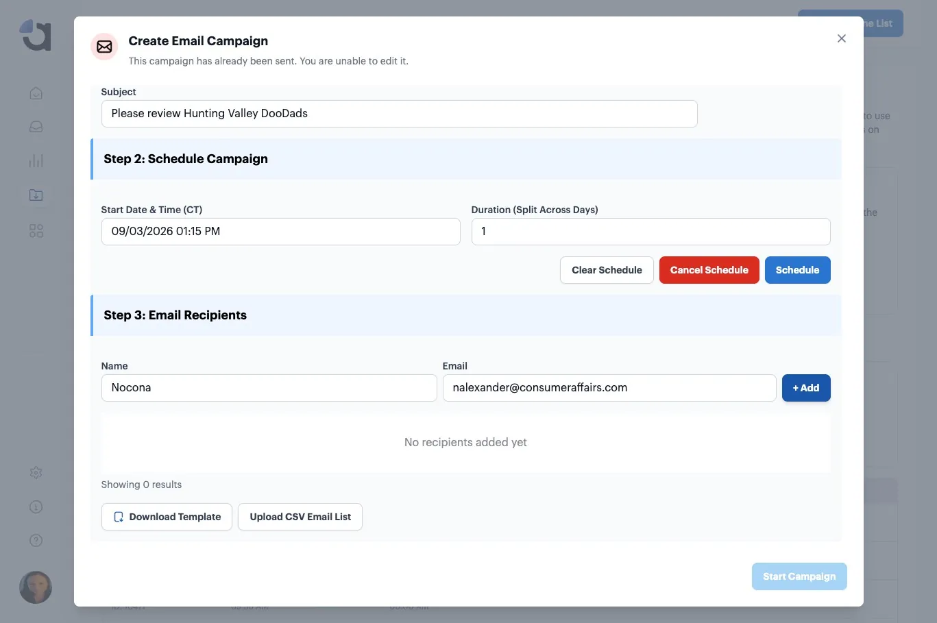 A recipient name and email address entered, with the + Add button highlighted