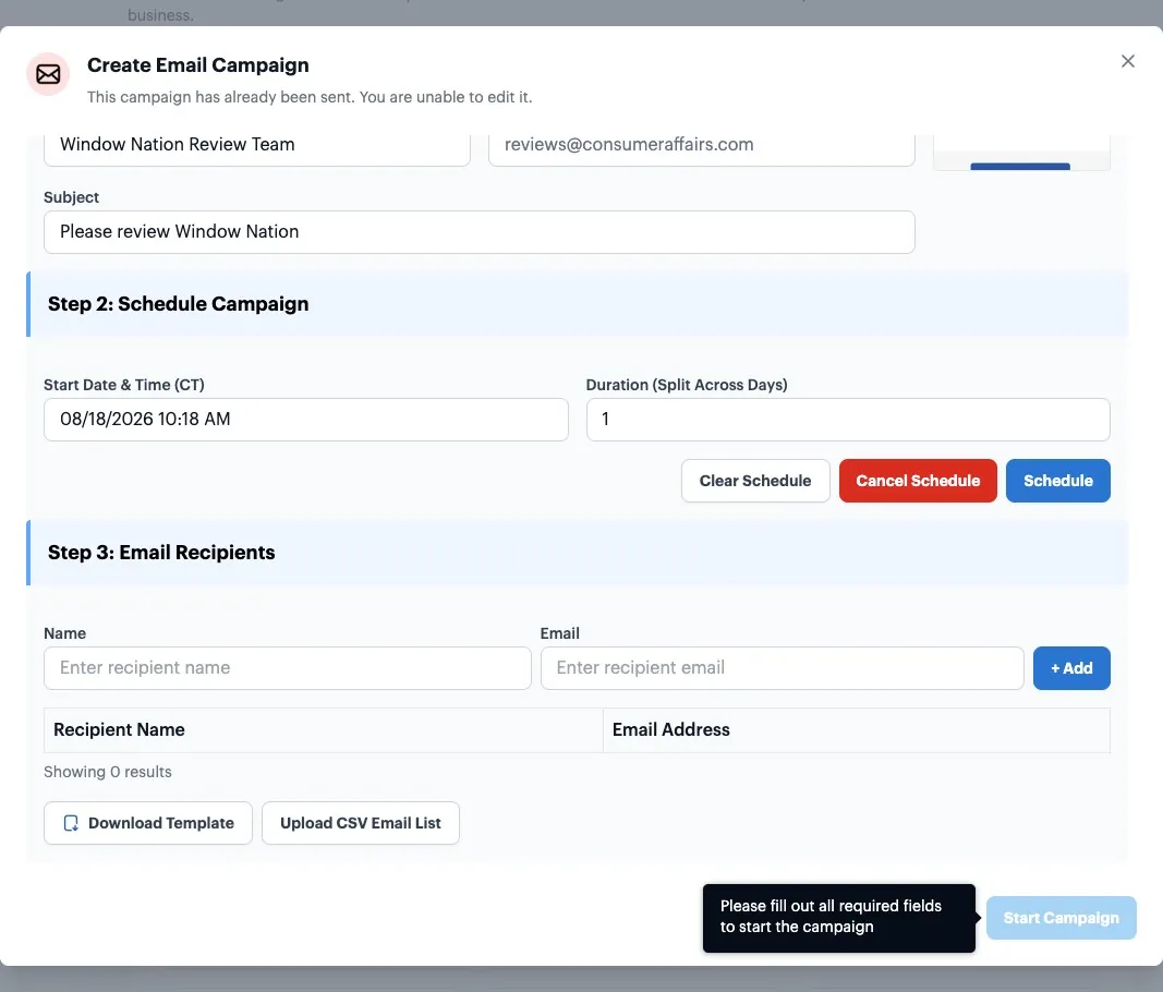 The bottom of the Create Email Campaign dialog, with the Start Campaign button highlighted