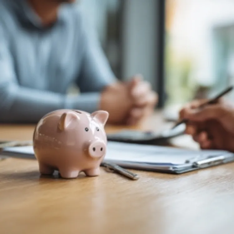 a piggy bank on a table with two people talking to each other