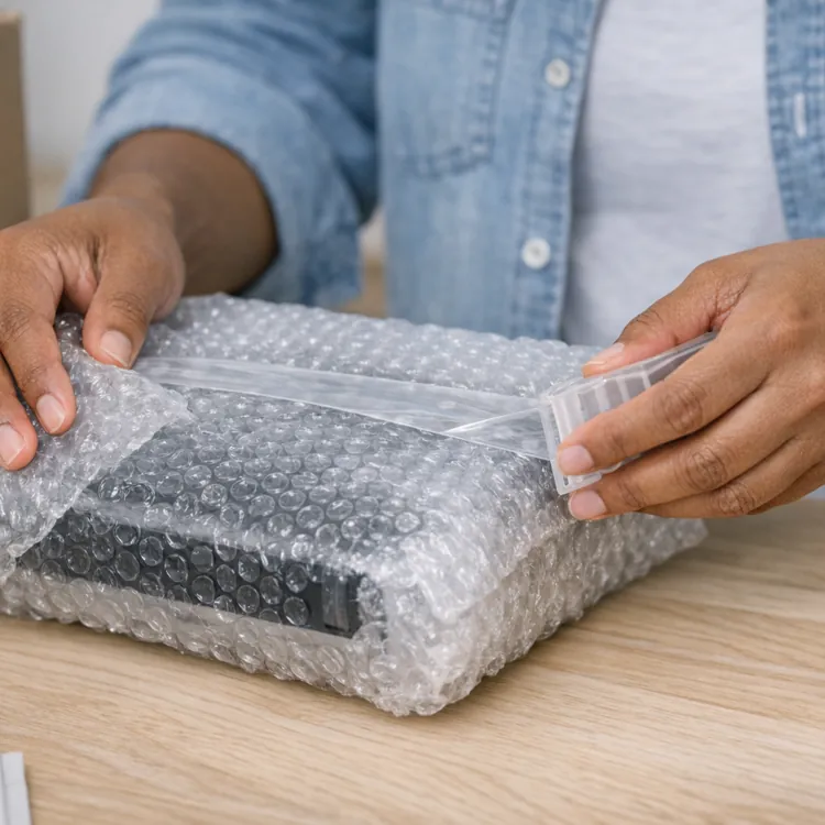 Person wrapping a black item in bubble wrap and securing it with tape on a wooden table.