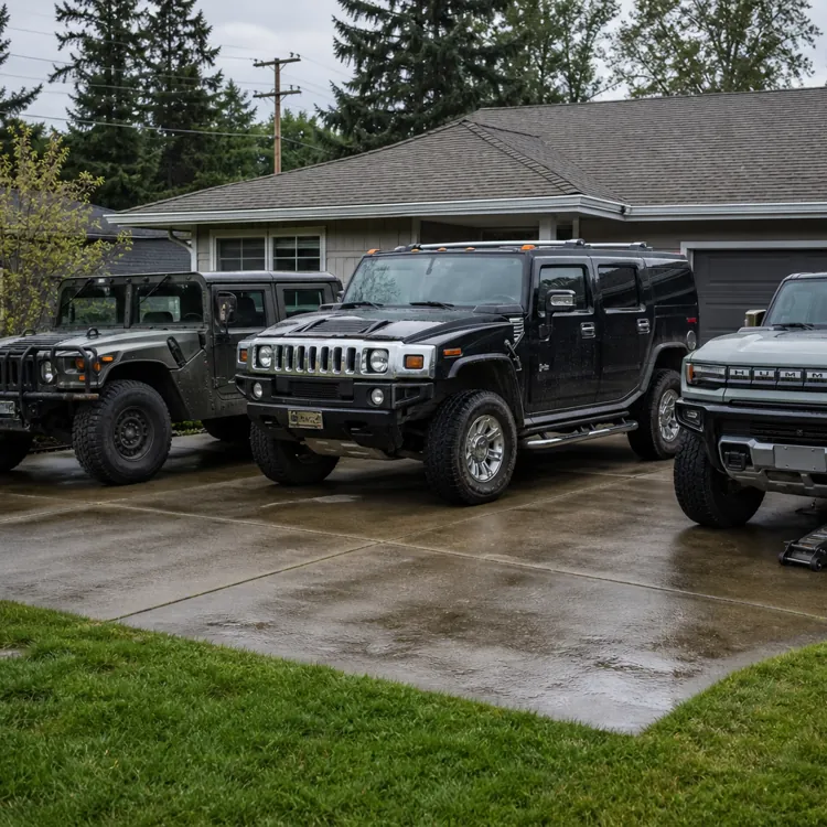 Three large SUVs parked in a driveway, one with a tire removed and tools nearby
