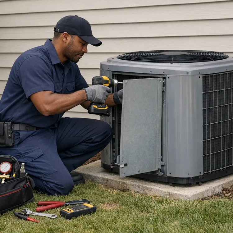 Technician in blue uniform repairing outdoor air conditioning unit with tools on grass