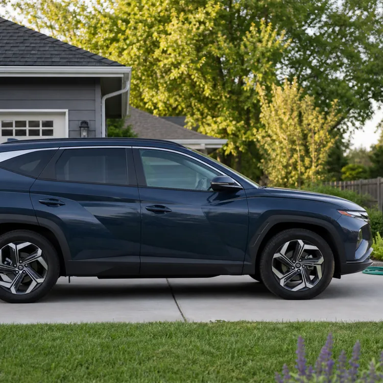 blue SUV parked in a driveway beside a suburban house with green trees and lawn