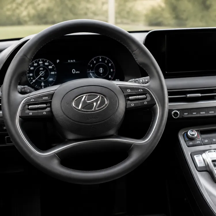Hyundai steering wheel, dashboard, and center control panel with digital displays