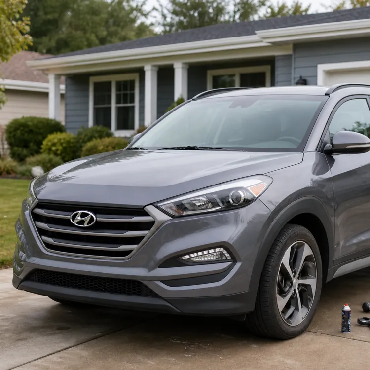 Gray SUV parked in driveway with car tools and supplies laid out beside it
