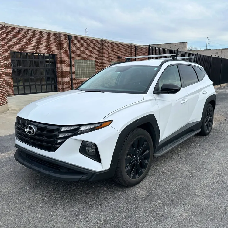White SUV parked on an urban street with a brick building in the background under an overcast sky.