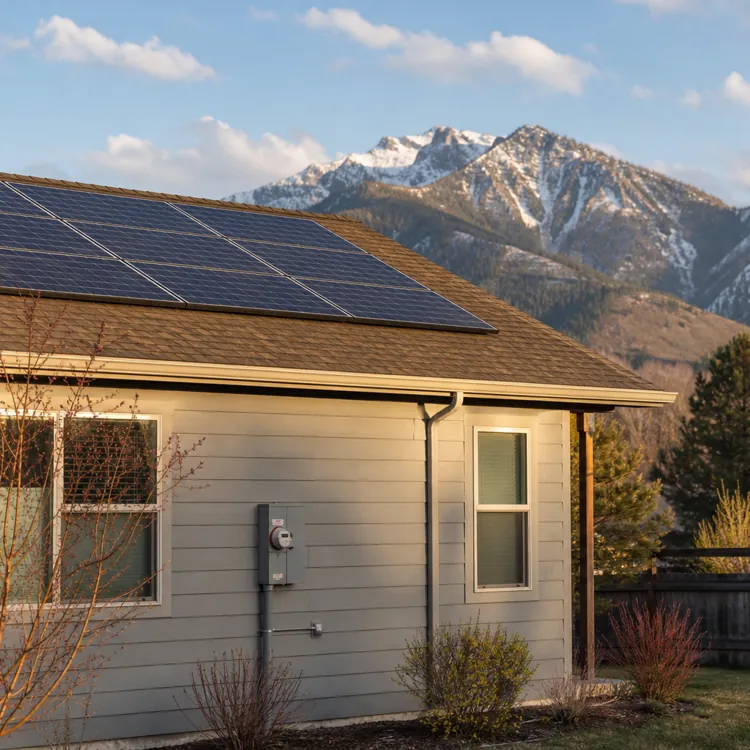 House with rooftop solar panels and mountain scenery in the background