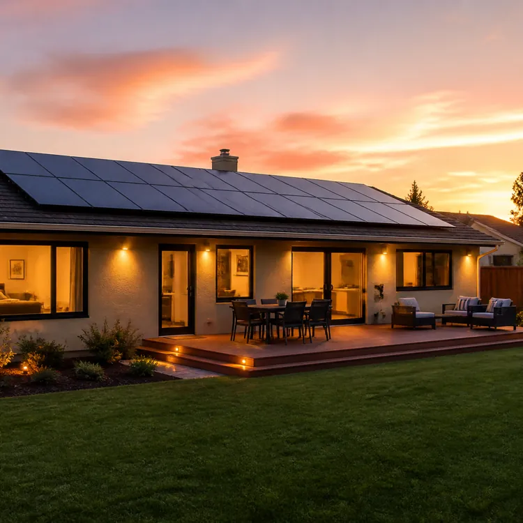 Single story house with solar panels on the roof, a wooden patio, and outdoor seating at sunset
