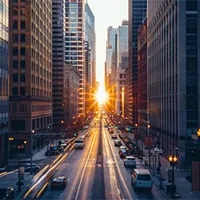 commercial area street in an illinois city at sunset