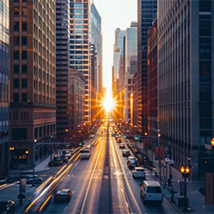 commercial area street in an illinois city at sunset