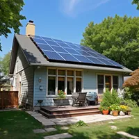 solar panels on the roof of a house with a chimney and trees in the background