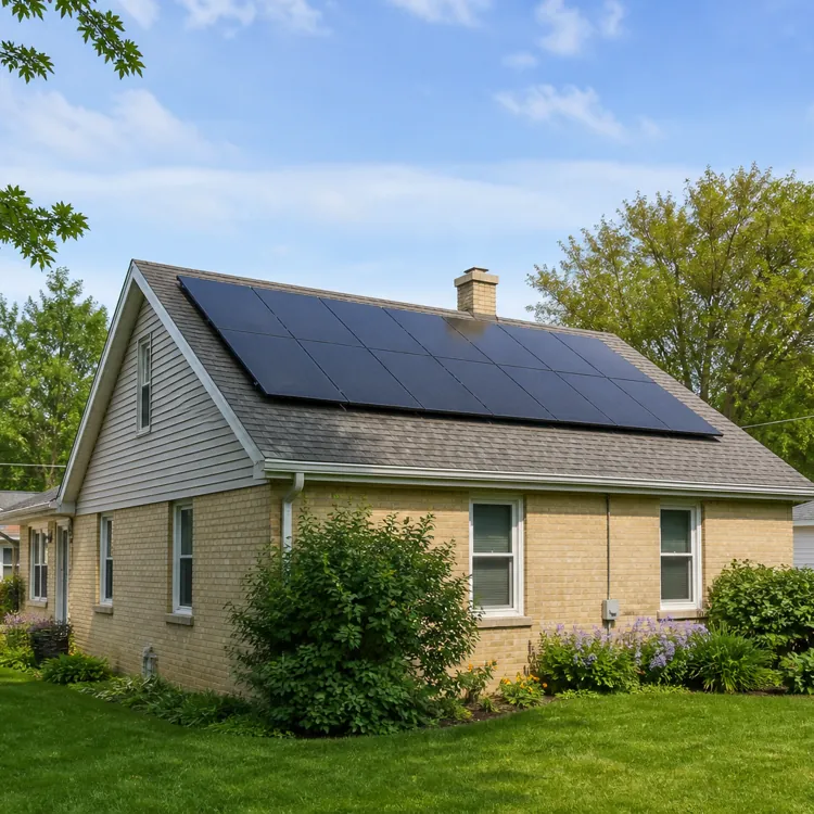 Single story house with solar panels on roof surrounded by green lawn and trees