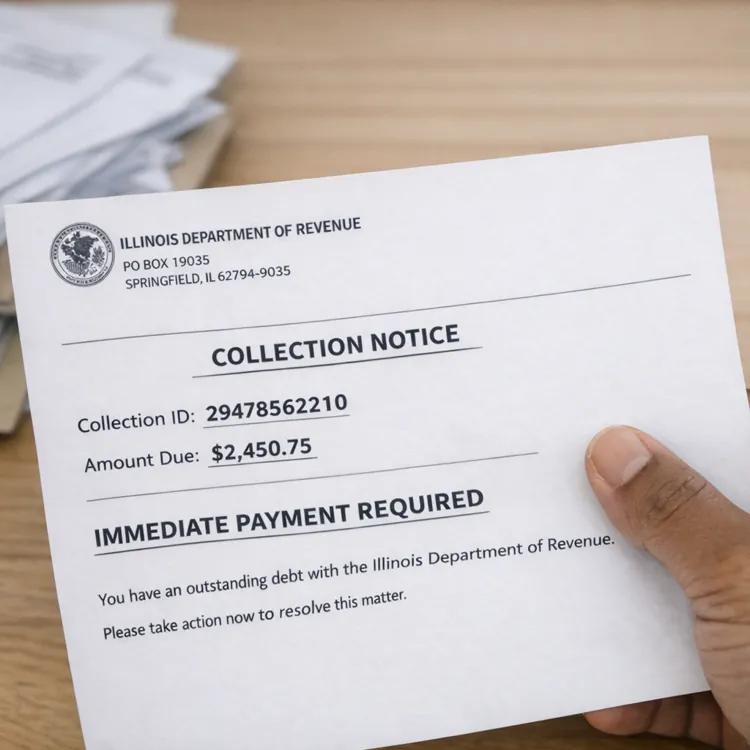 Hand holding a collection notice from the Illinois Department of Revenue with an amount due of $2,450.75.