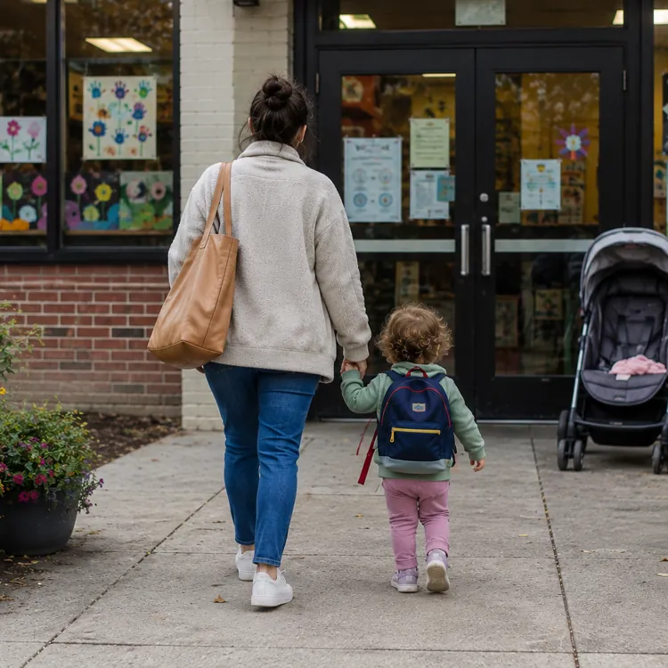 Adult and young child holding hands walking toward a school entrance with a stroller nearby