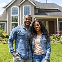 couple-smiling-in-front-of-their-house