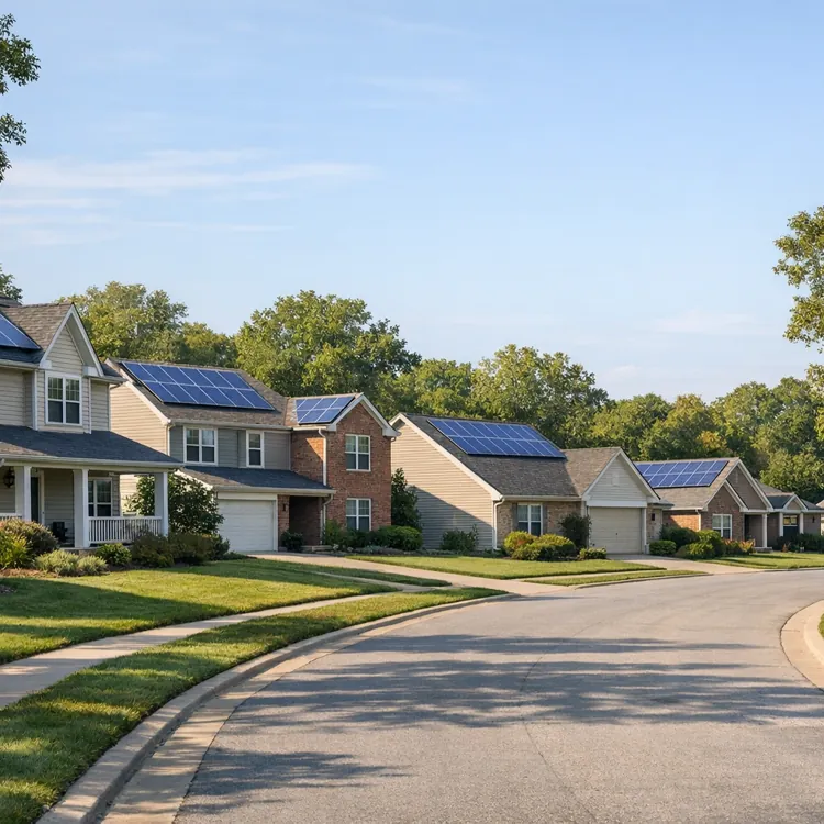 Row of suburban houses with solar panels on rooftops along a curved street