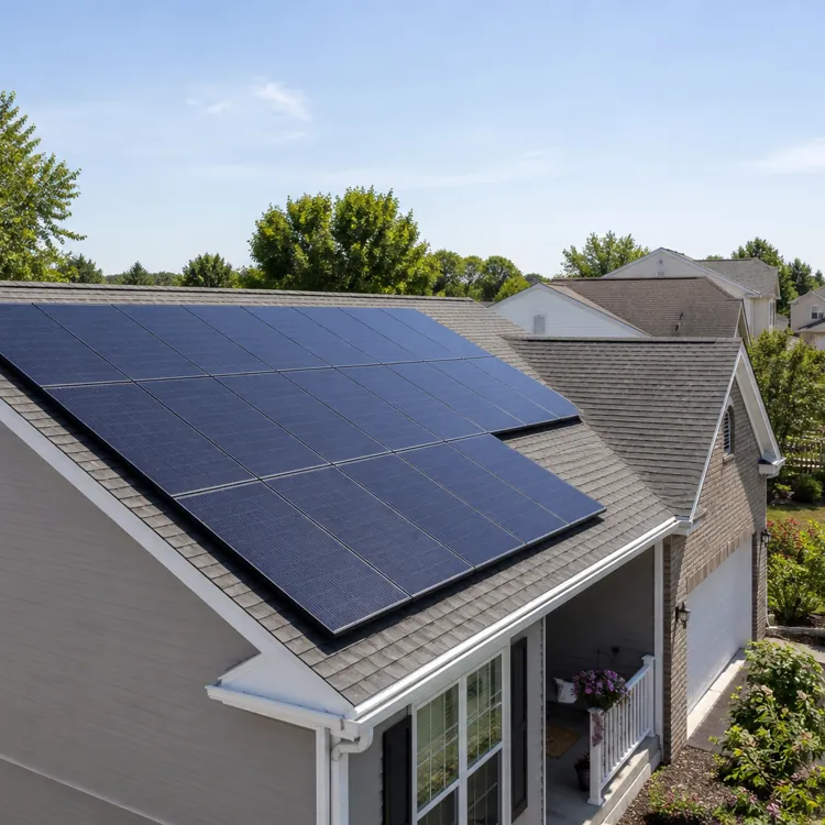 Solar panels installed on the roof of a suburban house with trees and other homes nearby