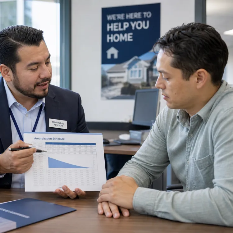 Mortgage advisor showing amortization schedule to client in office