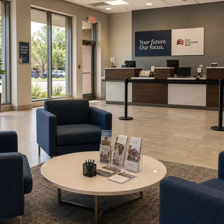 Modern bank lobby with blue chairs, round table, brochures, and large windows letting in sunlight