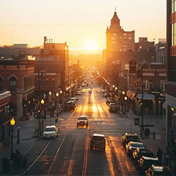 buildings and cars on a street in an iowa town at sunset