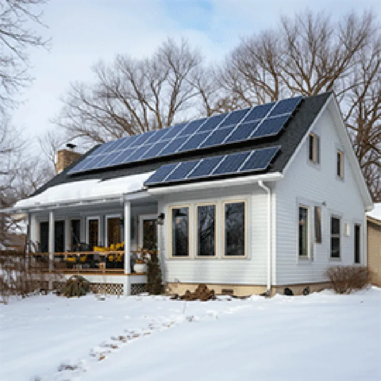 two-story house with solar panels in winter
