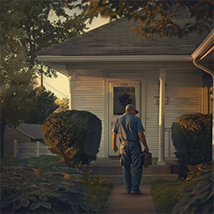 technician in coveralls holding a toolbox walking towards the front door of a home