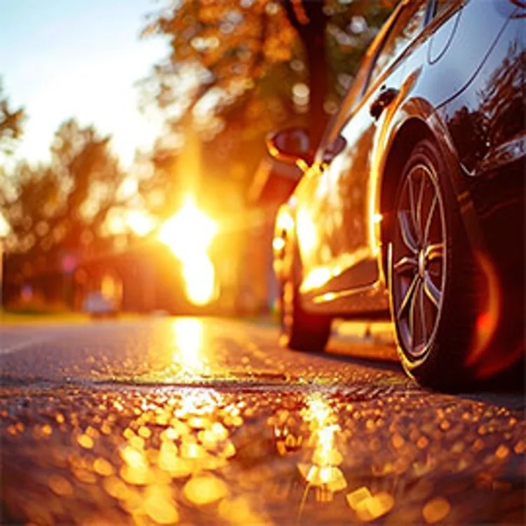 car parked along the road under a hot late afternoon sun