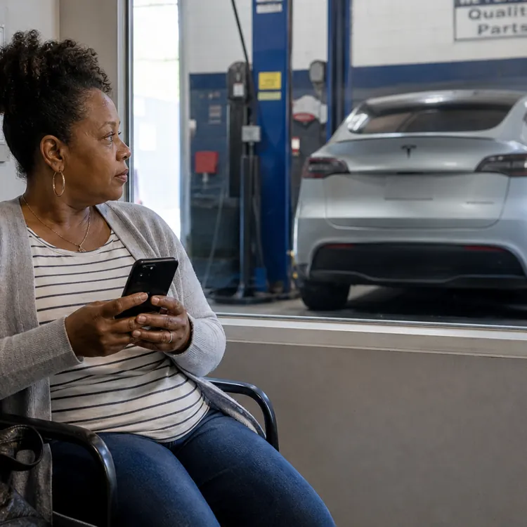 Woman holding phone sits in auto repair waiting room looking at a silver car being serviced