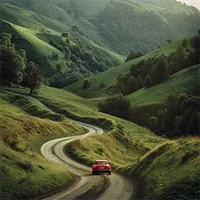 car traveling along a winding road in the mountains