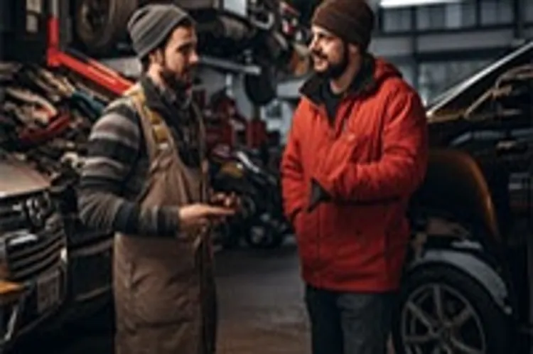 a mechanic speaking with customer in a car repair shop