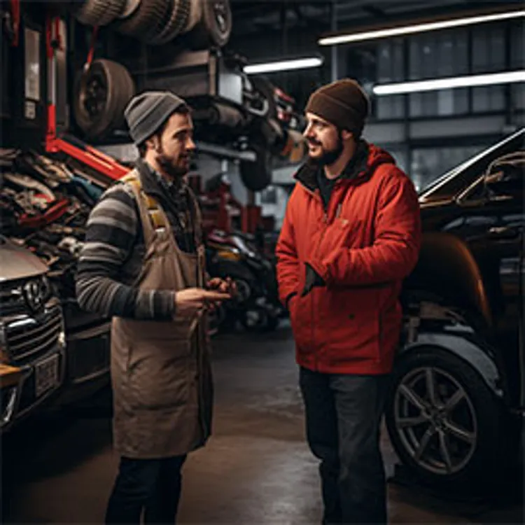 a mechanic speaking with customer in a car repair shop