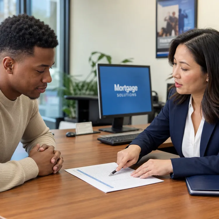 woman in suit explaining mortgage documents to man at office desk