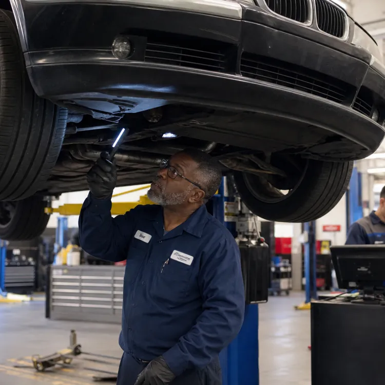 Mechanic inspects car undercarriage in garage while two men review paperwork nearby