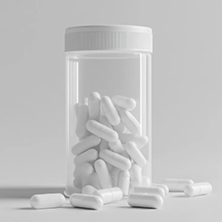 white capsules within and without a transparent container with a white cap