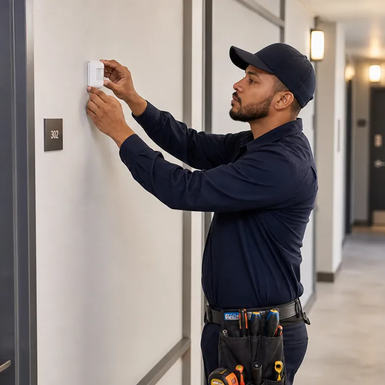 Technician adjusting a thermostat in an apartment hallway with tools on his belt