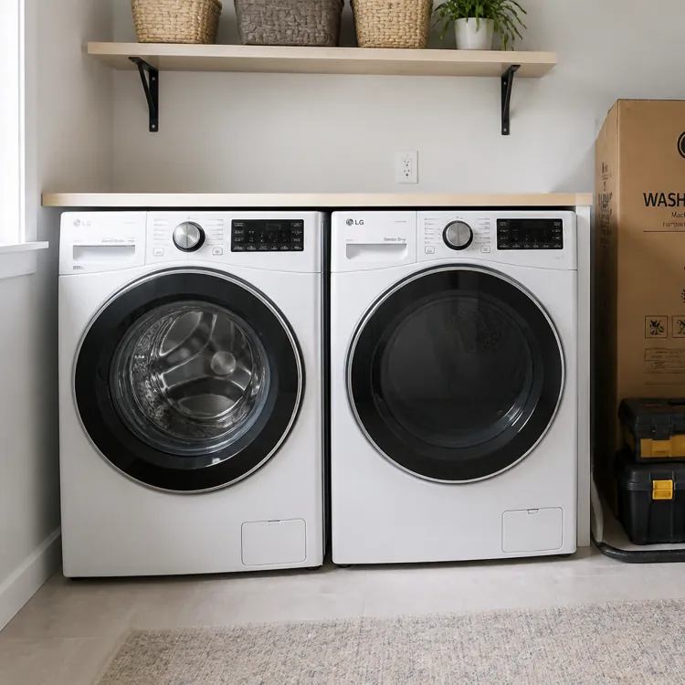 Front load washer and dryer next to a boxed washing machine, toolboxes, and a vacuum in a laundry room