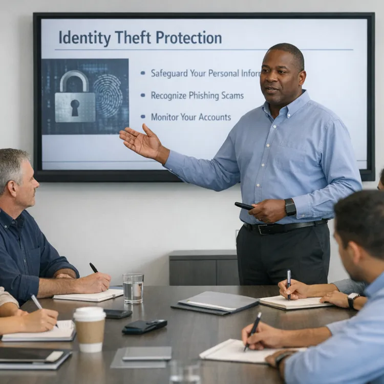 A man giving a presentation on identity theft protection to a group of colleagues in an office setting.