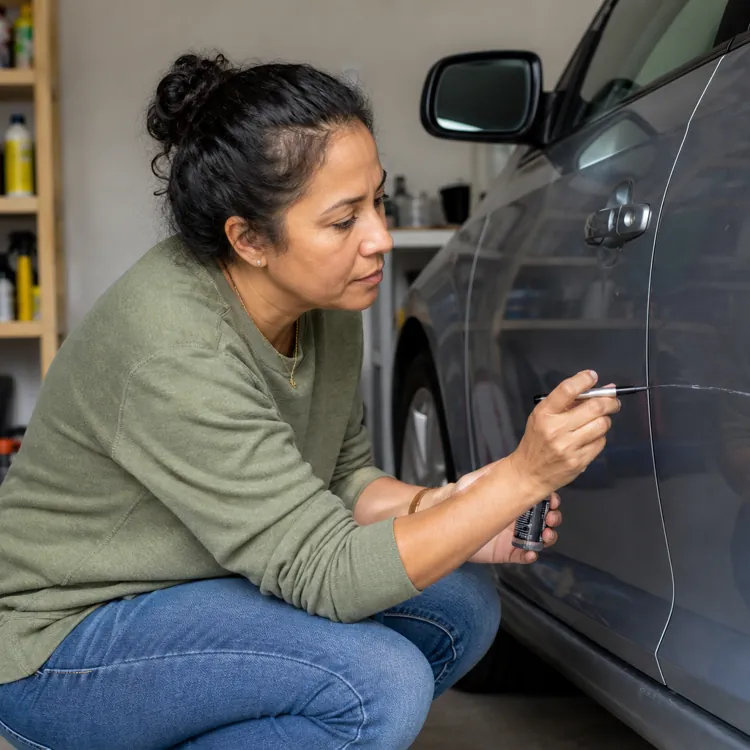 woman applying touch up paint to a long scratch on a gray car door in a garage