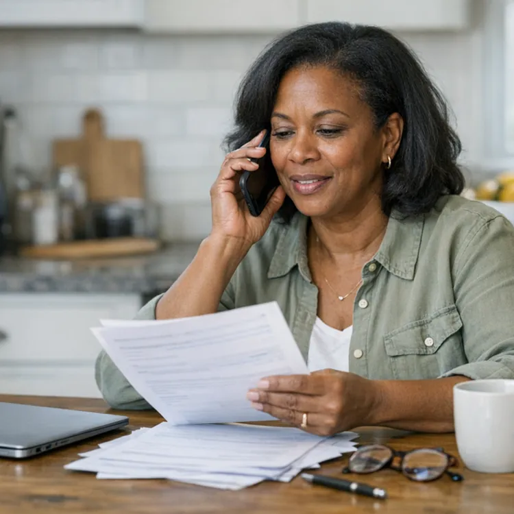 Woman reviews paperwork and talks on phone at kitchen table with laptop and coffee