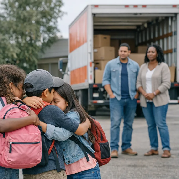 Group of children with backpacks hugging near a moving truck with adults in the background.