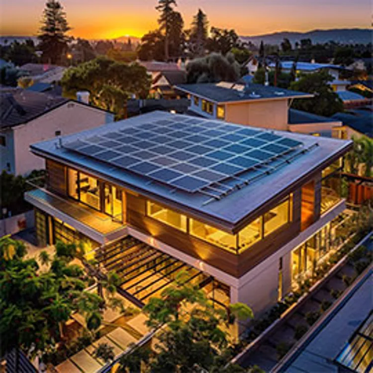 two-story house with lots of big windows and solar panels on the flat roof