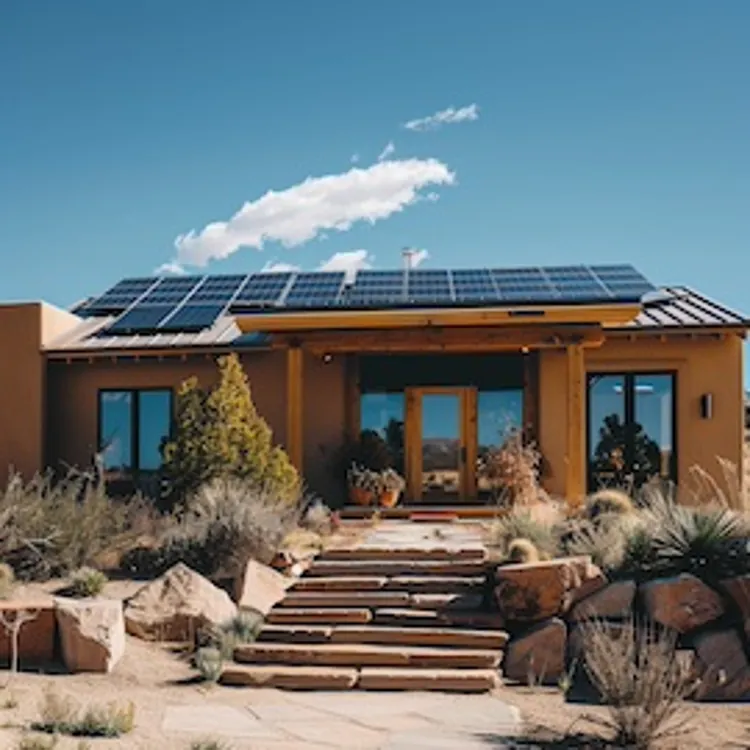 a house surrounded by succulents with solar panels on the roof