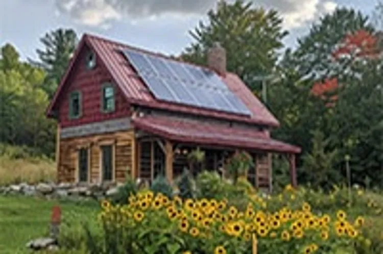 solar panels on the roof of a home set in a lot with a garden of yellow flowers