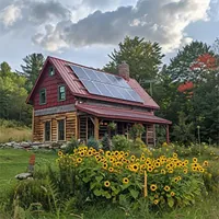 solar panels on the roof of a home set in a lot with a garden of yellow flowers
