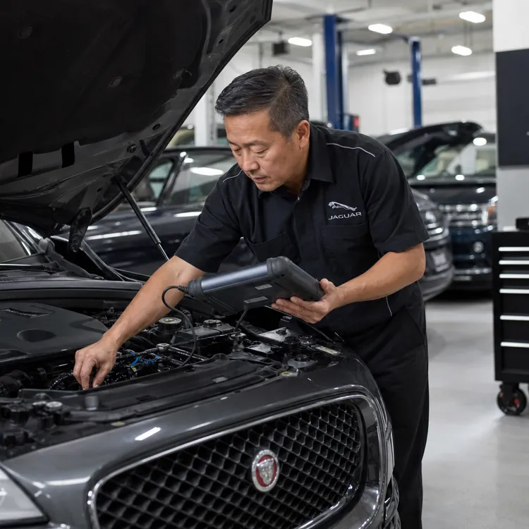 Mechanic using diagnostic tool on Jaguar engine in service center