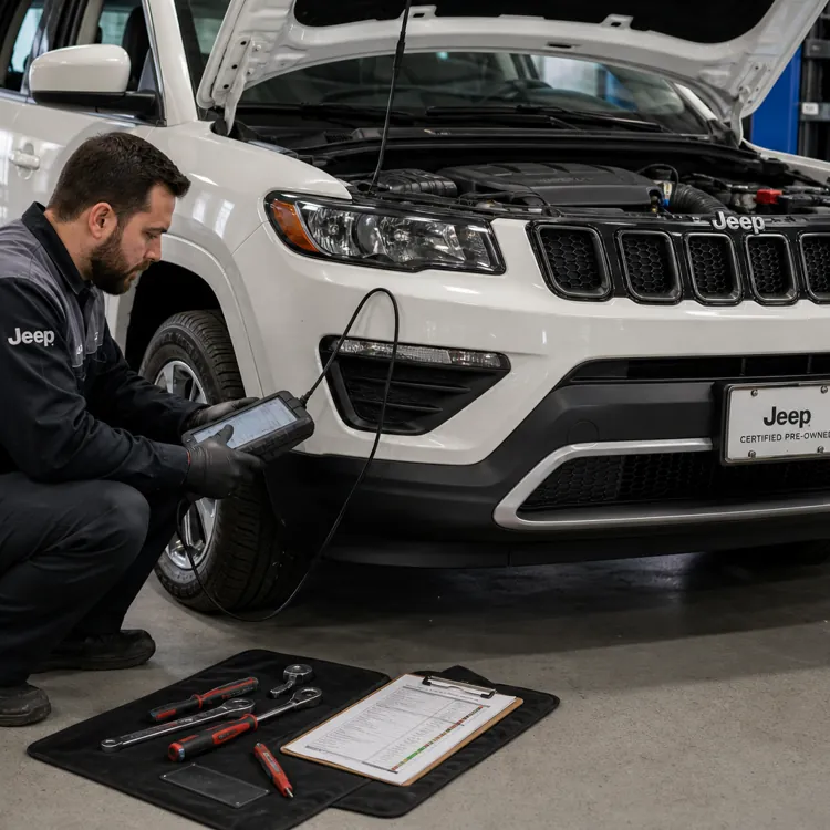 Mechanic using a tablet to inspect a white SUV with its hood open in a garage